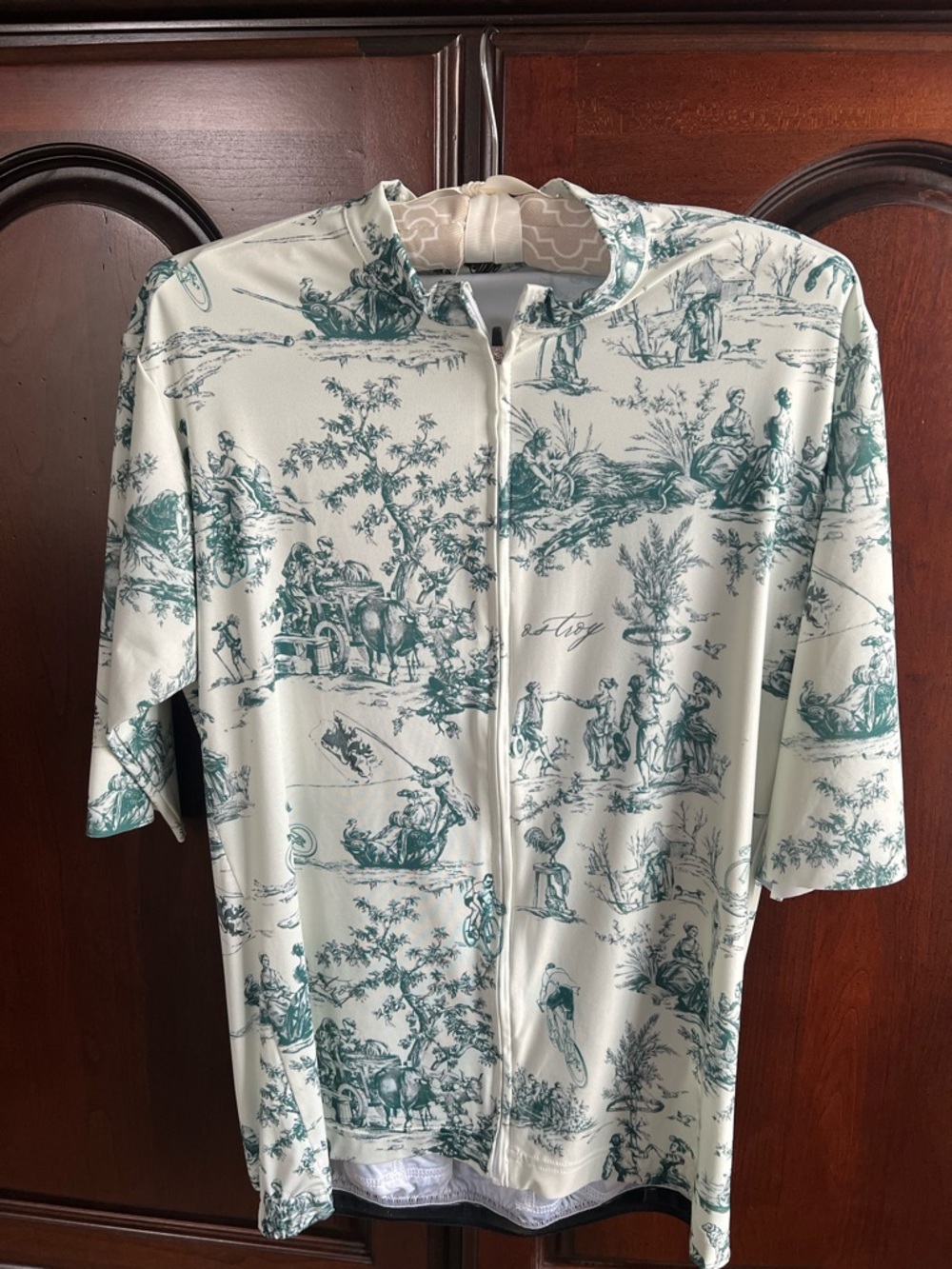 Cream and Teal Printed Zip-Front Bike Shirt